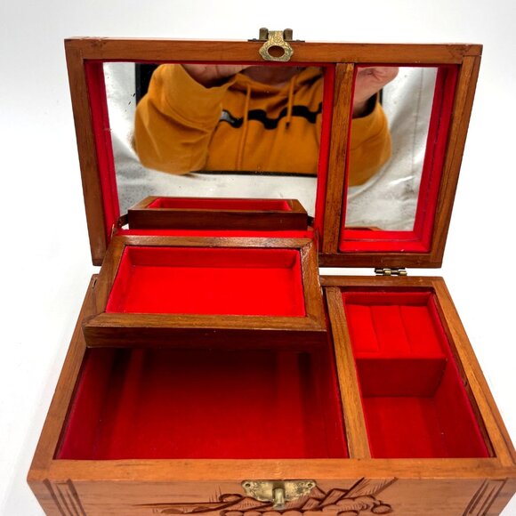 Vintage Wooden Pagoda Jewelry Box Mirrored Carved Design Red Velvet Interior - Picture 6 of 6